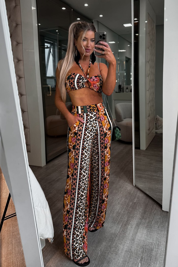 Conjunto calça pantalona  e top estampado Celina