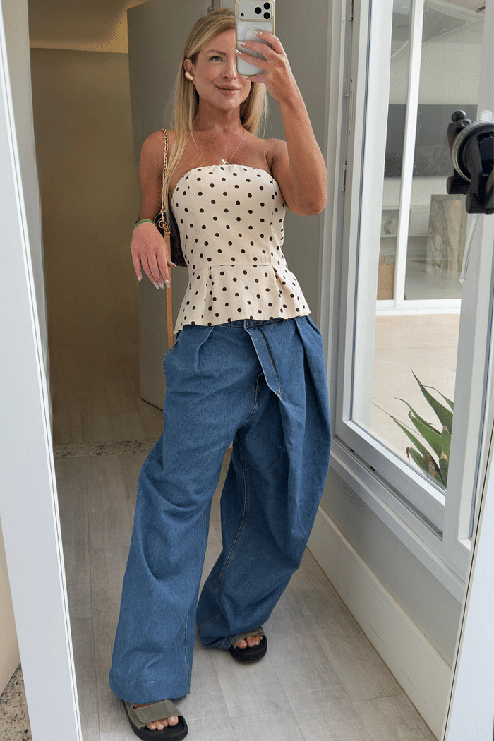 Calça jeans crossover envelope