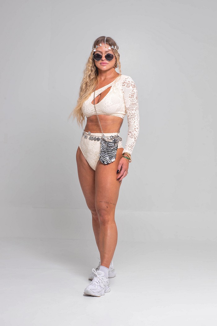 Cropped um ombro manga longa vazado em renda Jennifer