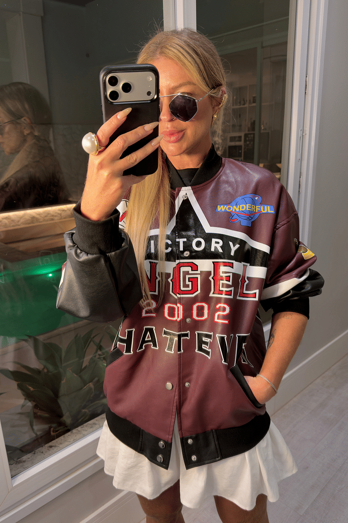 Jaqueta oversized em couro sintético angels