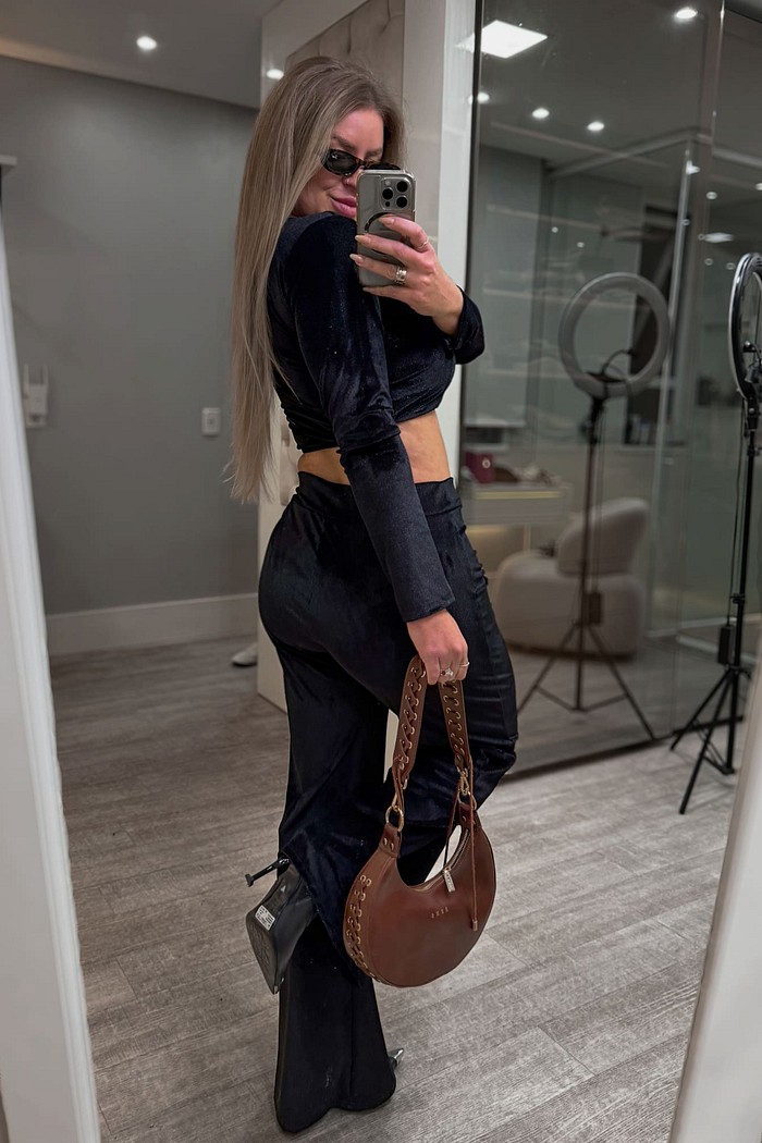 Conjunto calça e cropped manga longa cotelê brilhoso Dandara