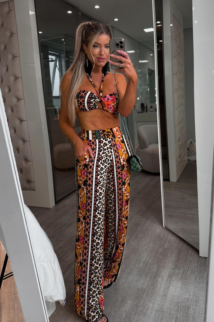 Conjunto calça pantalona  e top estampado Celina