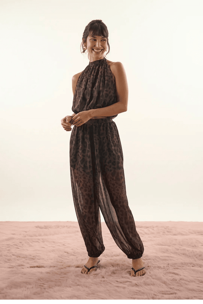 Calça balloon em tule estampa de onça