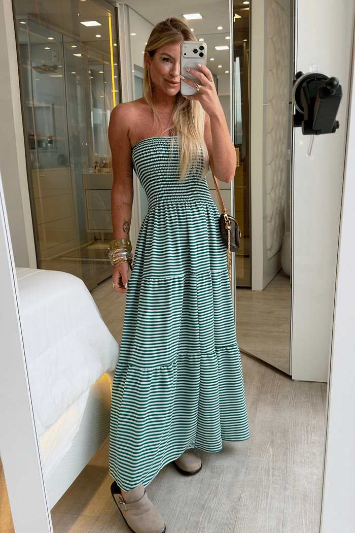 Vestido midi tomara que caia estampa de listras iacamyn