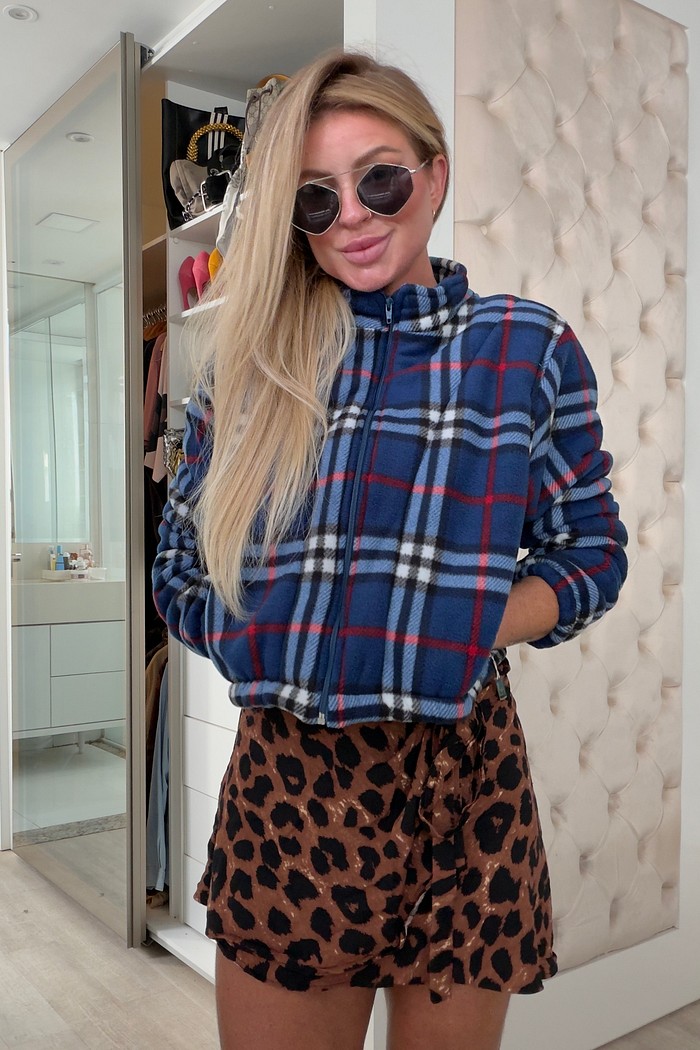 Casaco xadrez peluciado azul marinho