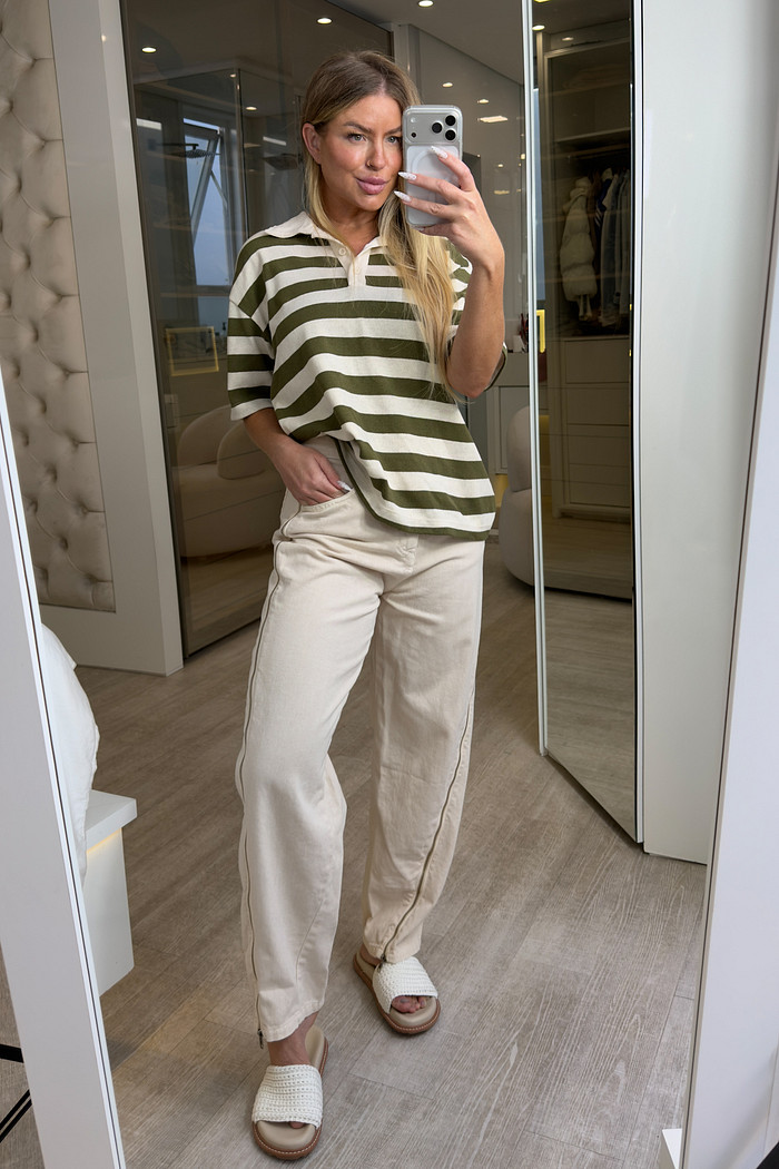 Calça jeans creme balloon com zíper Lindsey