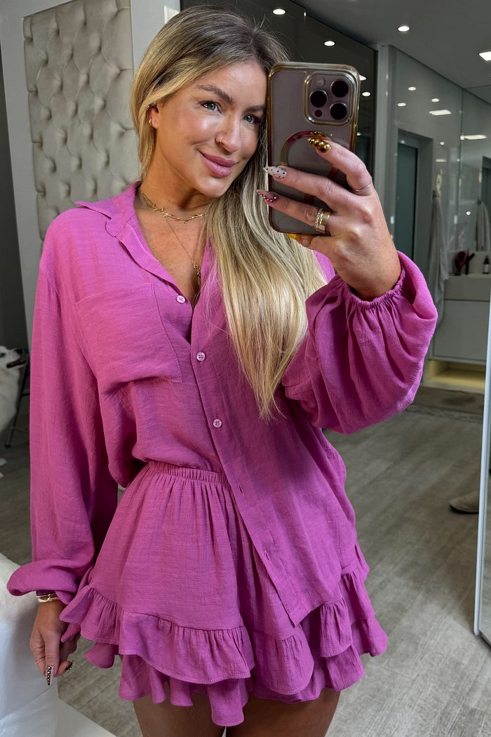 Conjunto camisa e saia mini com babados Estela