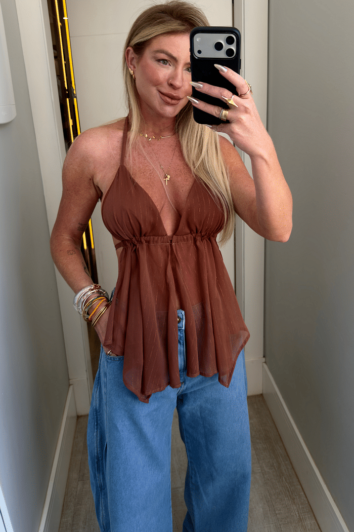 Blusa frente única com abertura frontal e amarração Ester