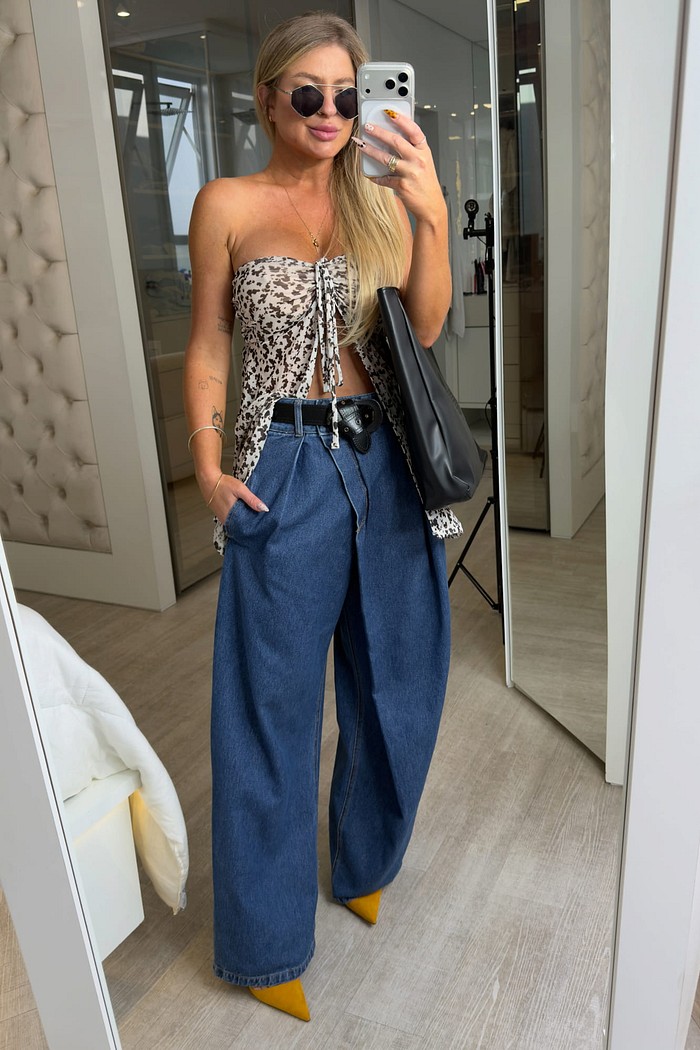 Calça jeans crossover envelope