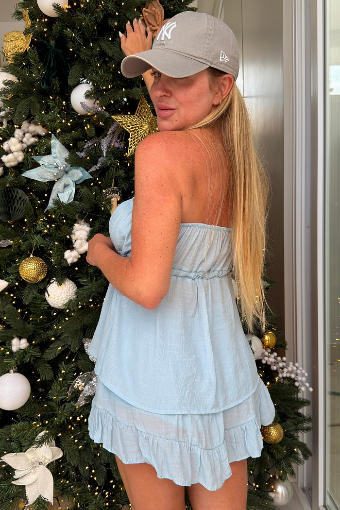 Conjunto blusa tomara que caia  e saia mini com babados  Nayla