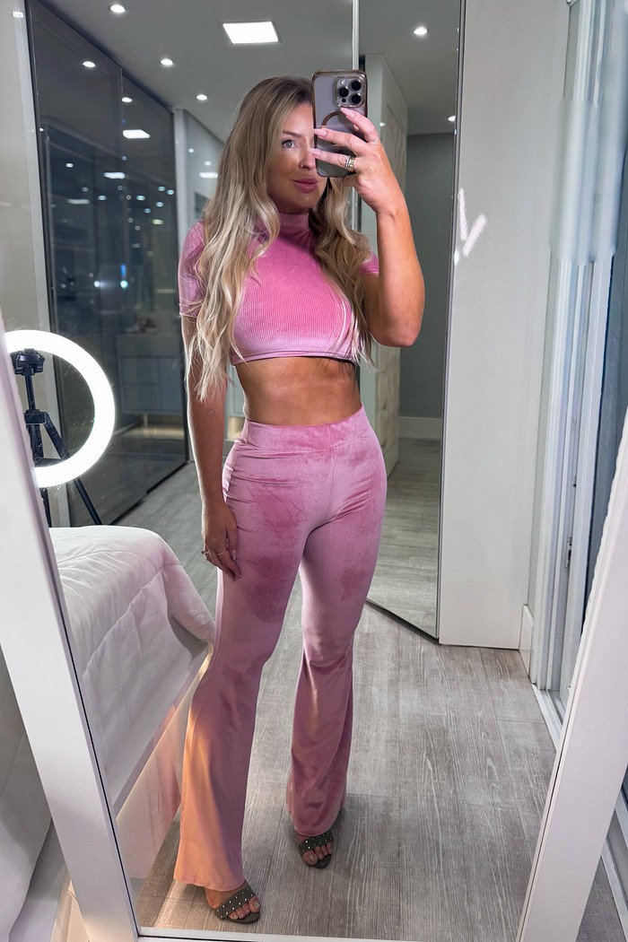 Conjunto calça e cropped manga curta veludo cotelê brilhoso Cecília