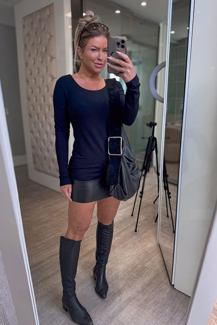 Blusa alongada manga longa com detalhe em couro Elise