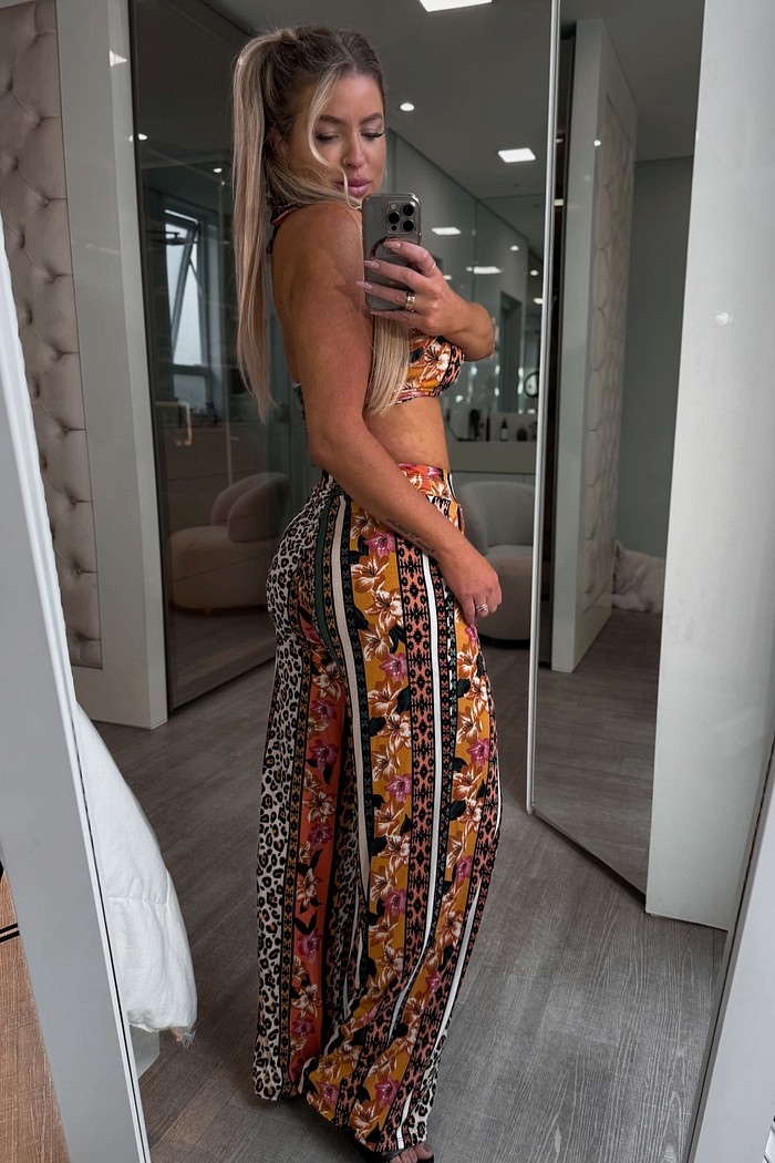 Conjunto calça pantalona  e top estampado Celina