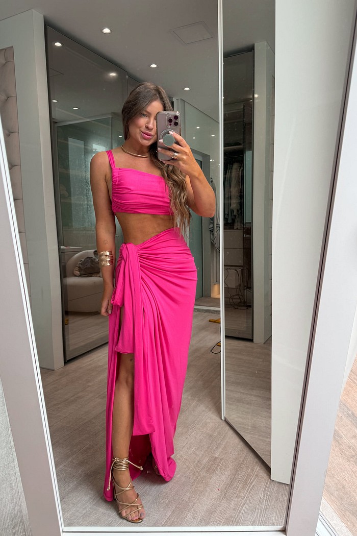 Conjunto cropped faixa e saia de amarração jade