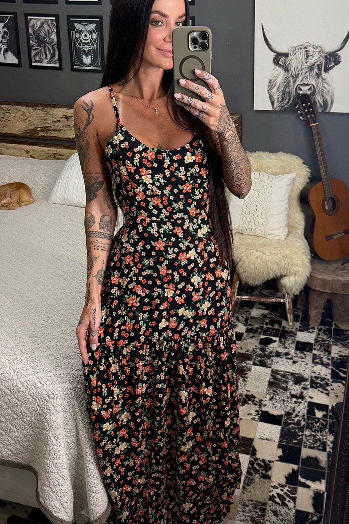 Vestido longo com amarração florido