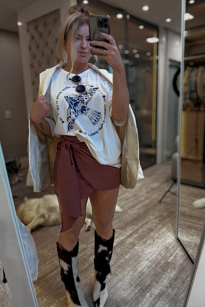 Camiseta alongada Pássaro Cherry