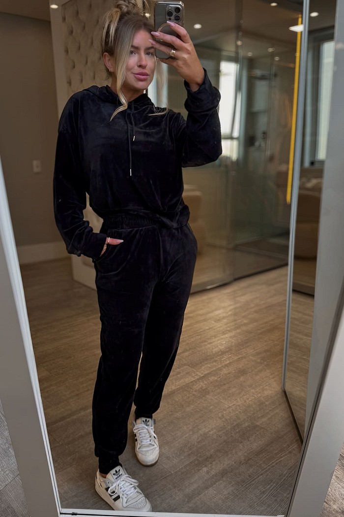 Conjunto de calça e casaco em veludo plush