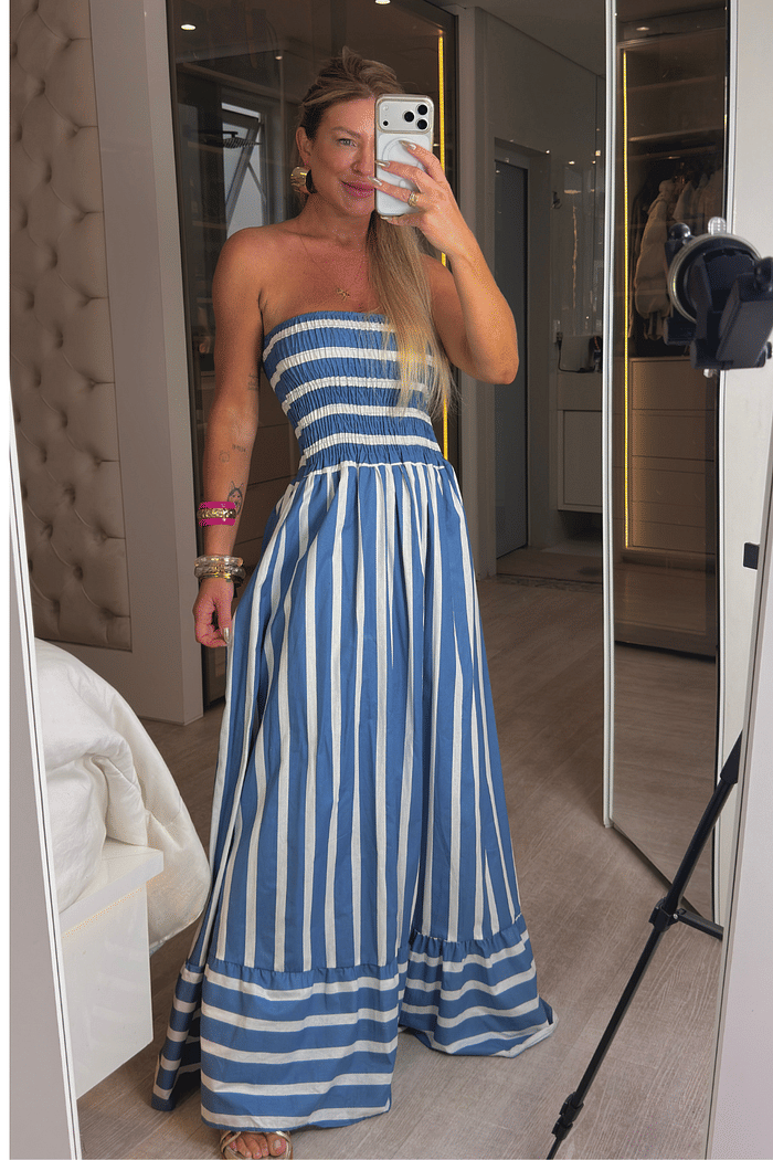 vestido longo tomara que caia estampa de listra