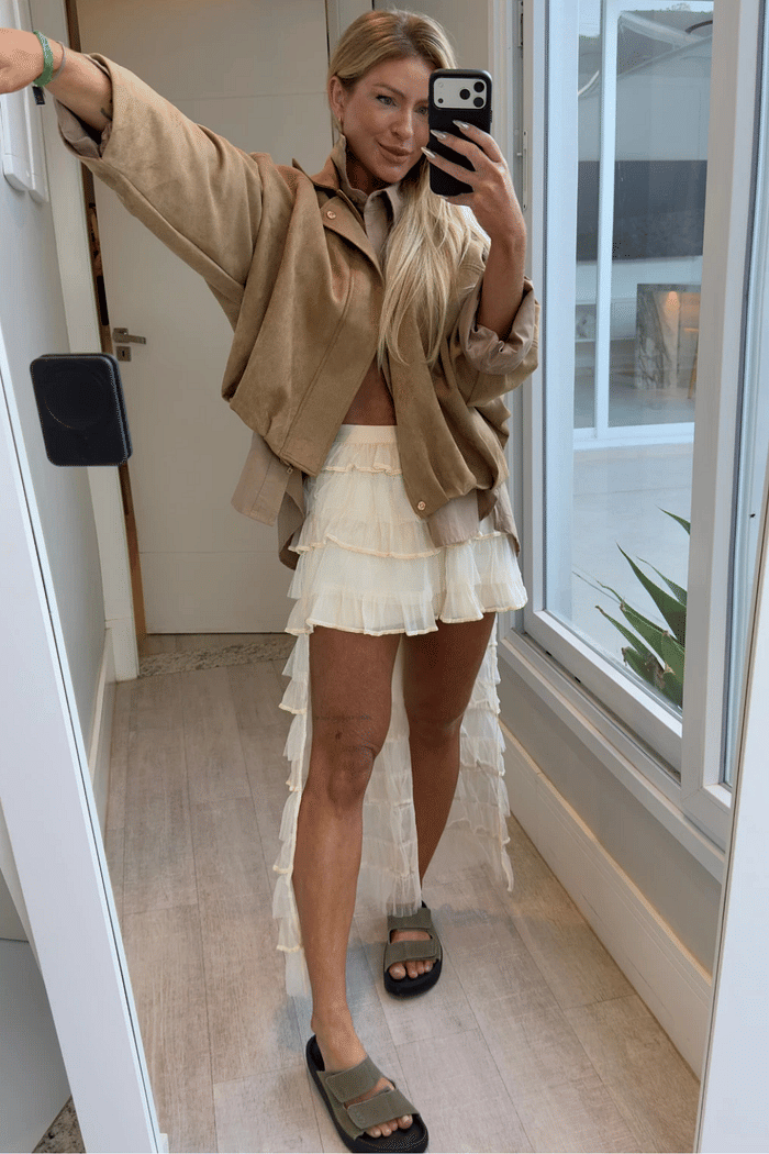 Saia midi em tule assimétrica com detalhes em veludo Anahi