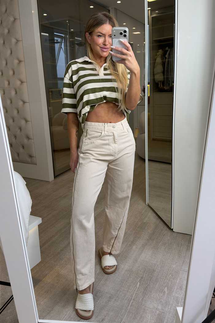 Calça jeans creme balloon com zíper Lindsey