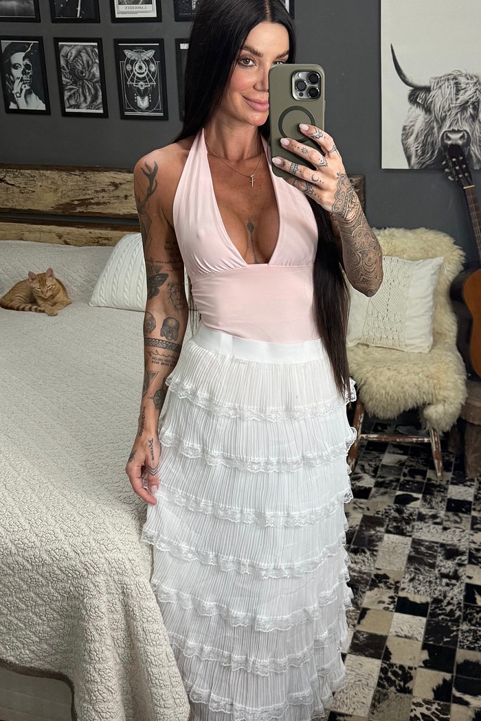 Saia midi de tule plissada com babados Olive