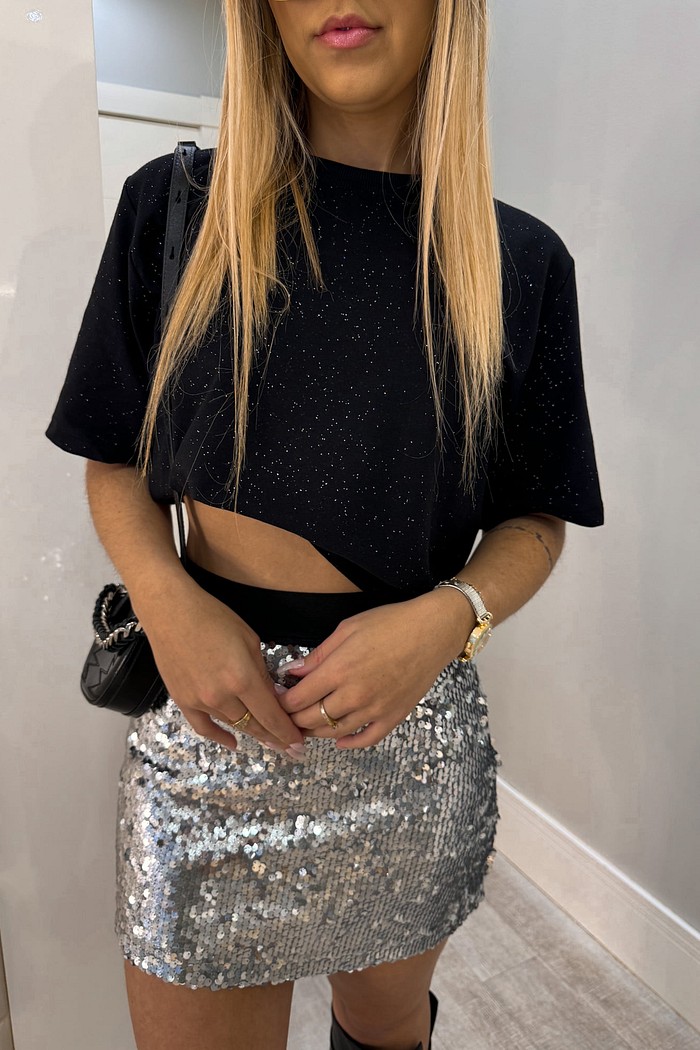 Saia de paetês prata com cós preto