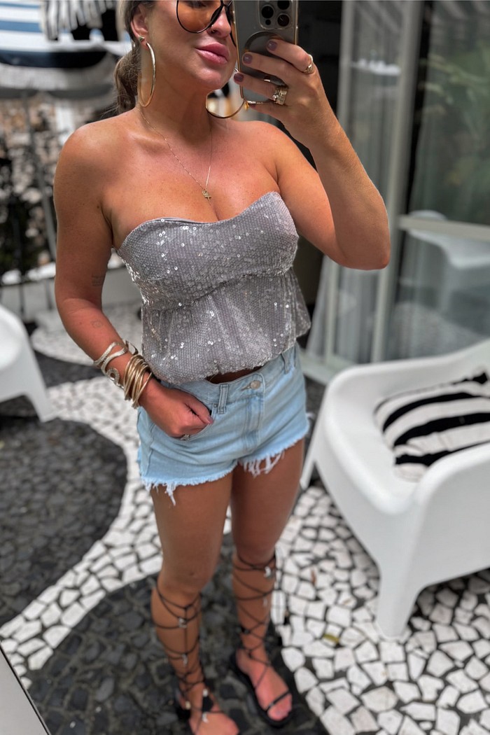 Cropped  tomara que caia balonê com paetê Eloá