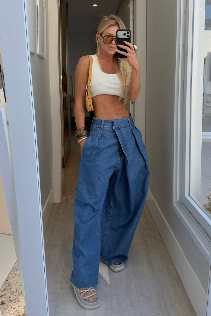 Calça jeans crossover envelope