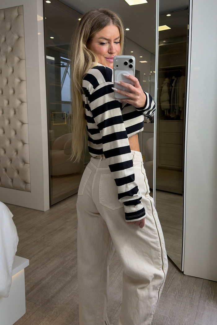 Blusa manga longa de listra gola polo Mel