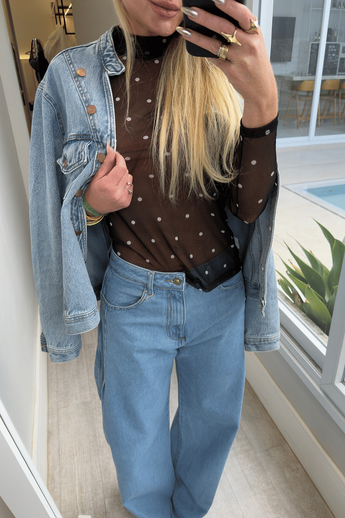 Blusa manga longa em tule estampa de Poá