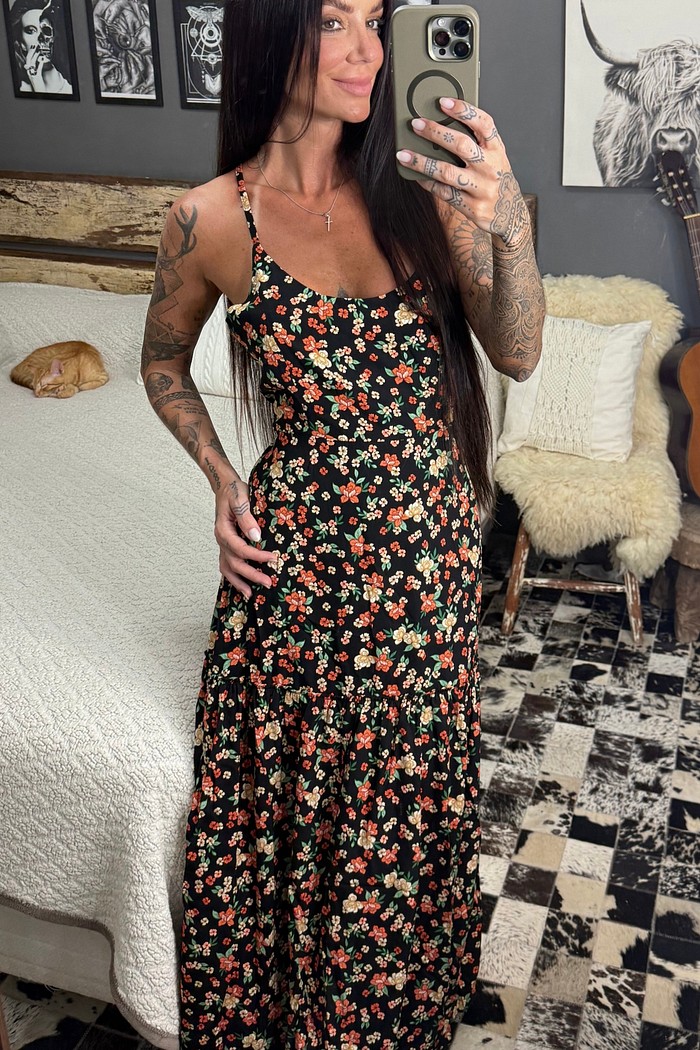 Vestido longo com amarração florido