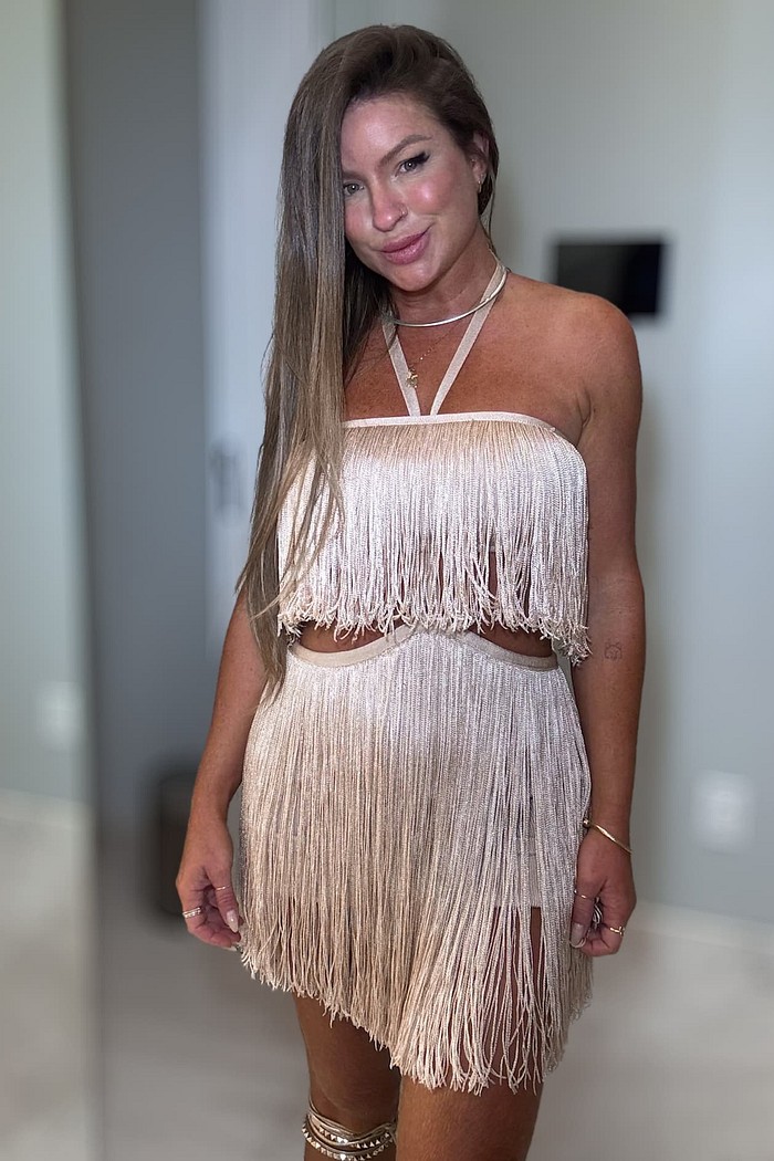 Vestido de tricô com abertura e franjas Alanna