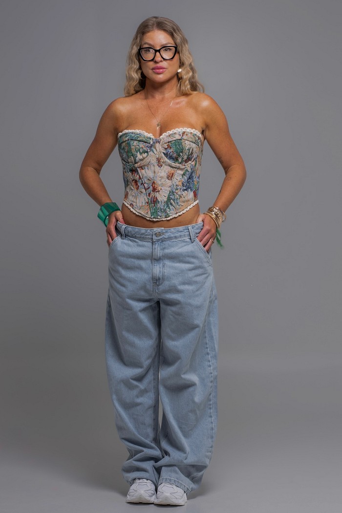 Cropped corset sem alças com estampa floral