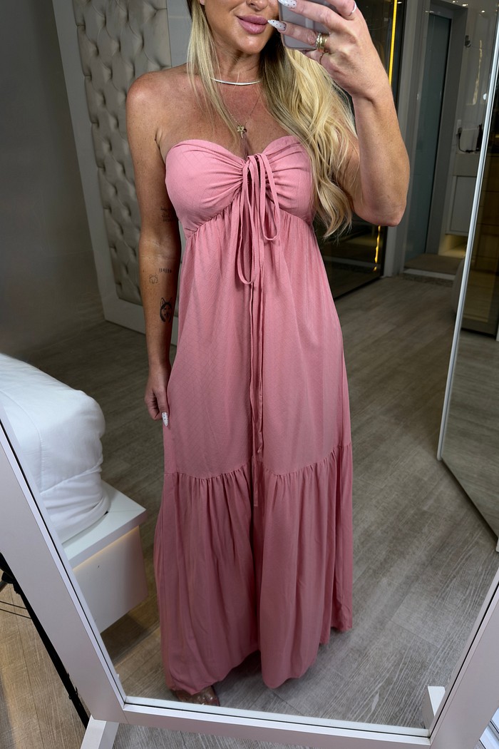 Vestido longo tomara que caia com detalhe em amarração no busto Diana