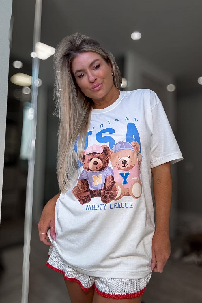 Camiseta alongada estampa urso USA