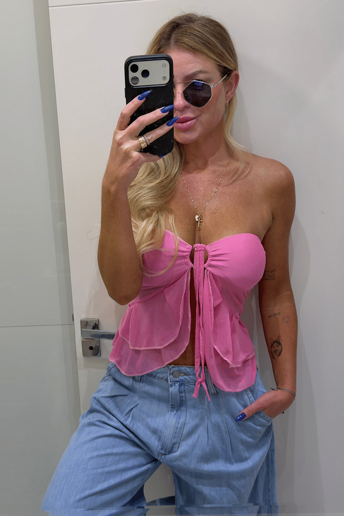 Cropped tomara que caia em tule com amarração Carol