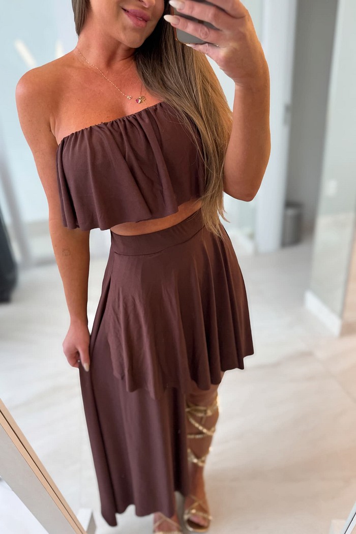 Conjunto saia assimétrica e top com babados Mayla