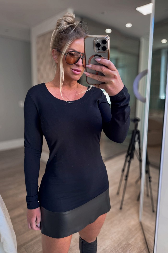 Blusa alongada manga longa com detalhe em couro Elise