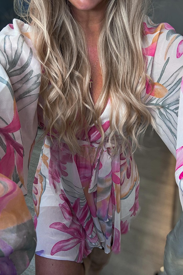 Vestido manga longa soltinho assimétrico com amarração Cassia