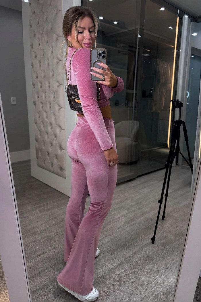 Conjunto calça e cropped manga longa veludo cotelê brilhoso Nicolly