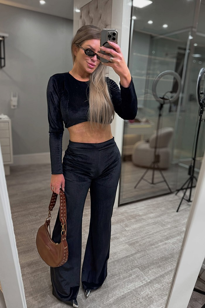 Conjunto calça e cropped manga longa cotelê brilhoso Dandara