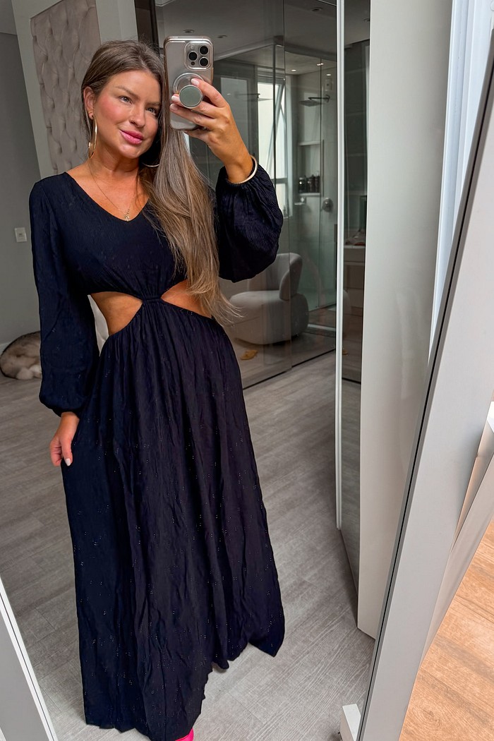 Vestido longo manga bufante aberto na lateral
