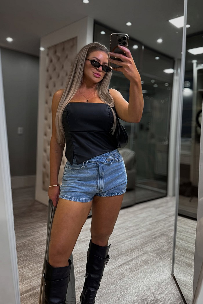 Short jeans cós transpassado com botão Angel