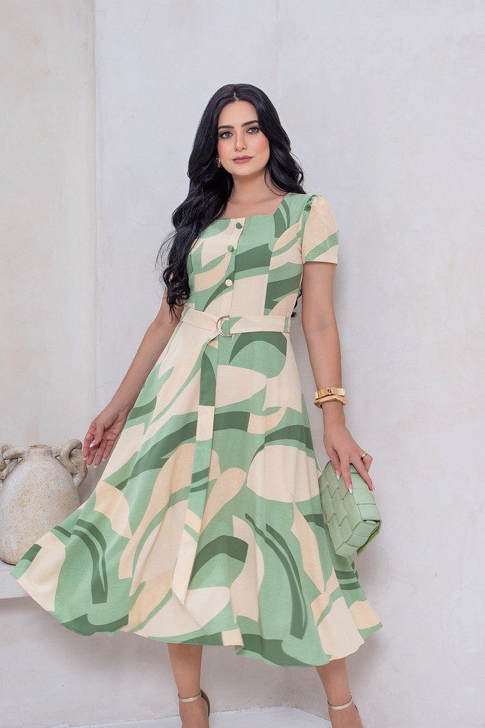 Vestido Midi Com Botões e Cinto