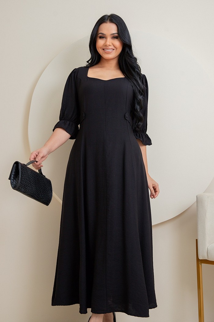 Vestido Midi Liso Soltinho Manga Princesa 9028