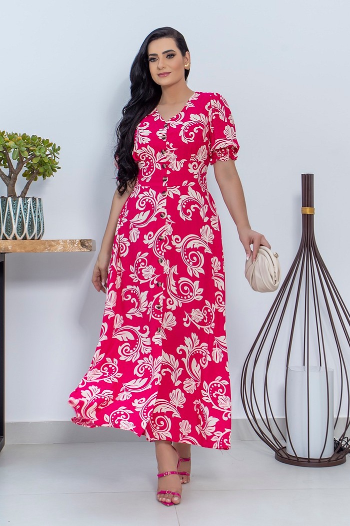 Vestido Longo Com Manga e Botões 2359