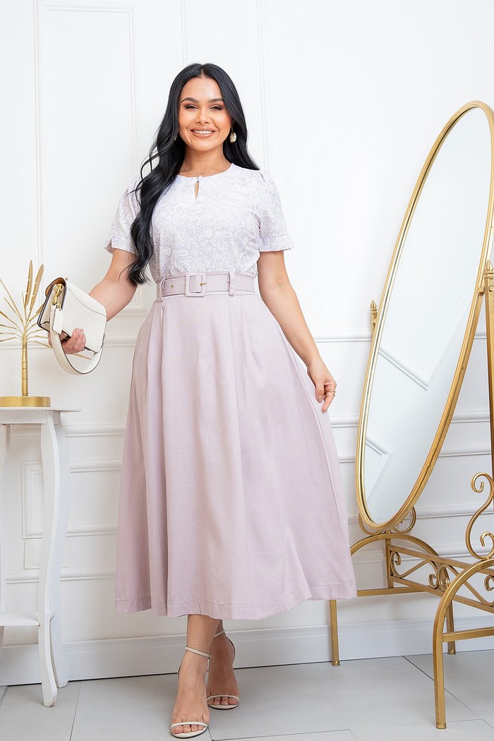 Conjunto Saia Midi Com Cinto e Blusa Manga Curta