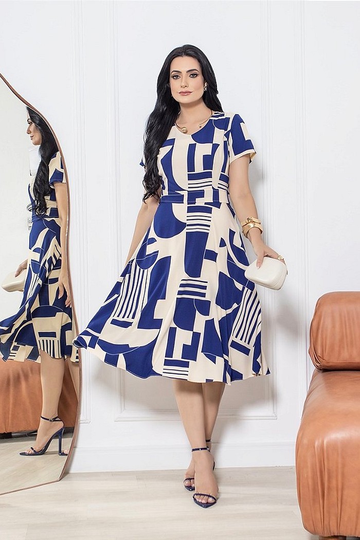 Vestido Midi Estampado Com Estampas Geométricas