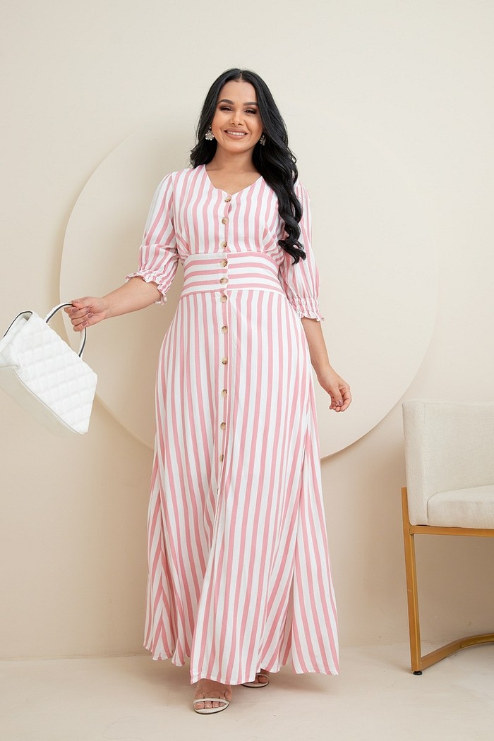 Vestido Longo Com Manga e Botões 2359