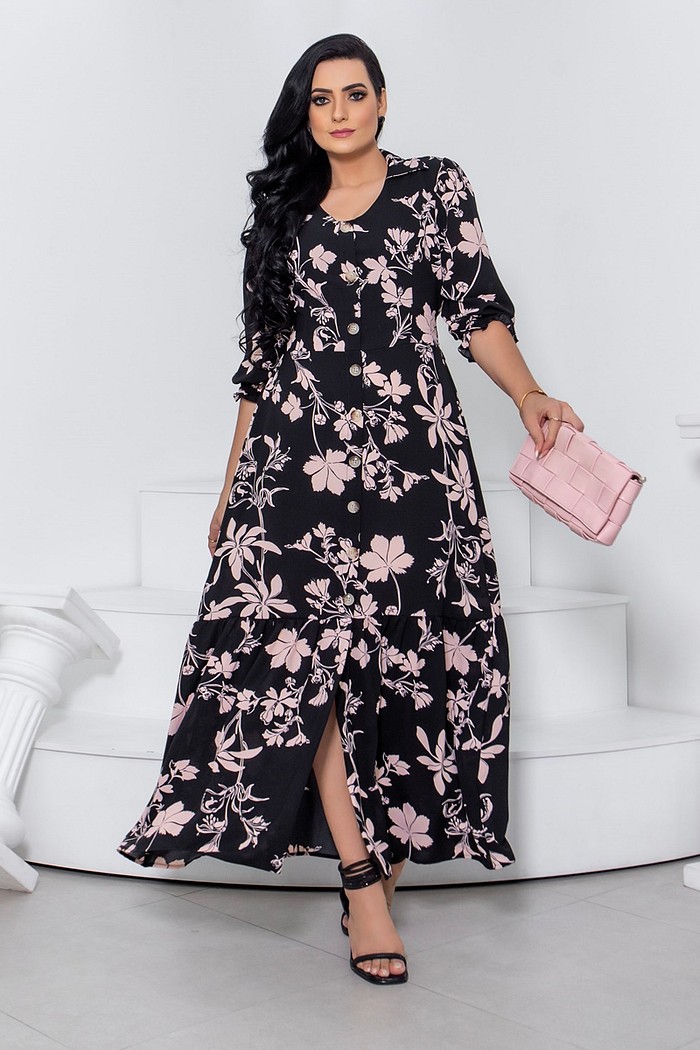 Vestido Longo Estampado Com Manga 3/4 2363